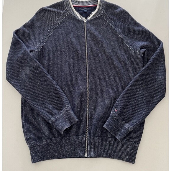 TOMMY HILFIGER sweater Cardigan Men's MEDIUM Knit Bomber Zip Up Stand Up Collar - Picture 2 of 16